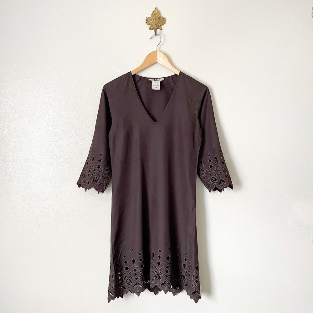 Vintage CHLOE Brown 100% Silk Eyelet Mini Dress Small Authentic
